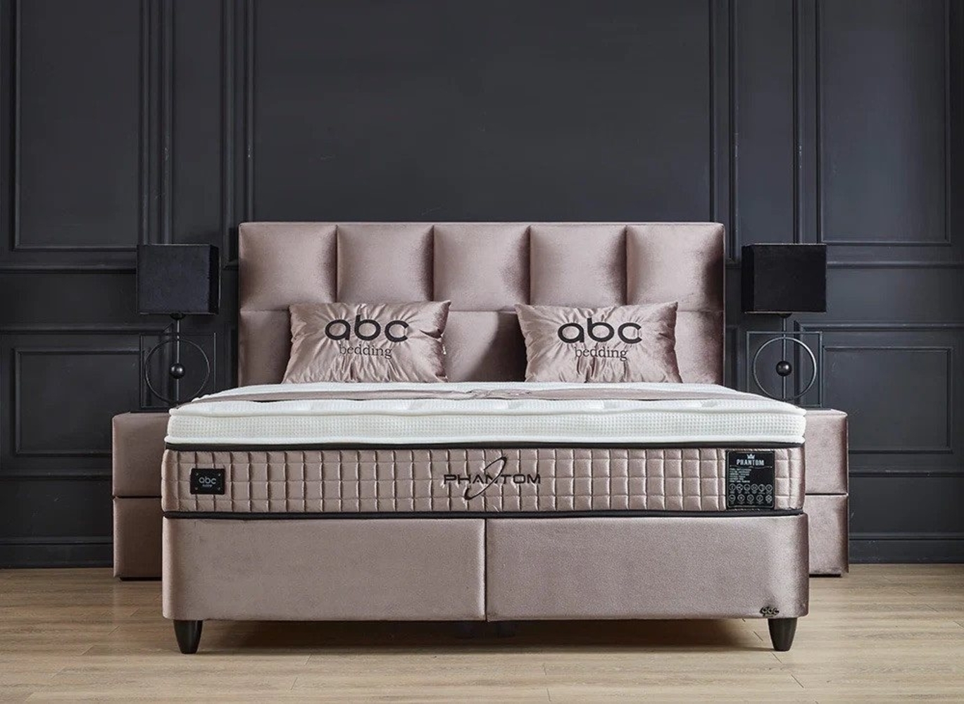 abc bedding Boxspringbett PHANTOM Voll-orthopädisches Komfortbett mit Samt in Beige (inkl. Matratze & Topper), 120x200 cm Funktionsbett mit Bettkasten Bild 1