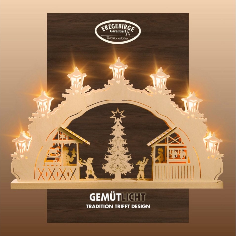 Weigla LED Schwibbogen Weihnachtsmarkt, Lichterbogen aus Holz, NATUR, Made in Germany (1-tlg), Erzgebirge garantiert, Weihnachtsdeko Innen, Weihnachtsbeleuchtung Bild 1