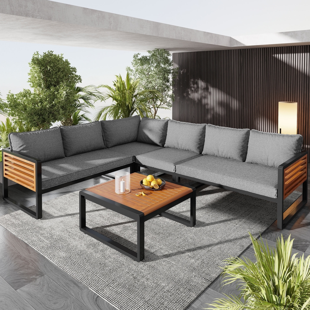 Merax Gartenlounge Set 5-tlg, Balkonmöbel Set mit Eisenrahmen, Terassenmöbel Sets mit Metallbeinen und Kissen, Lounge Gartenmöbel 6 Personen, Grau Bild 1