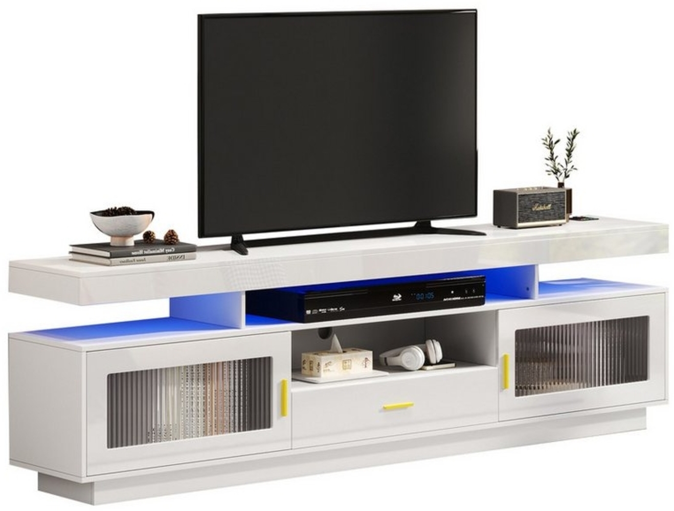 KLAM HOME Lowboard Hochglanz-TV-Schrank TV-Board 150 x 40 x 60 cm mit LED-Beleuchtung Weißer (mit Kabelmanagement und geräuschlose Scharniere für Wohnzimmer), TV Tisch Fernsehtisch mit 2 Glastüren 1 Schublade 3 offene Fächer Bild 1