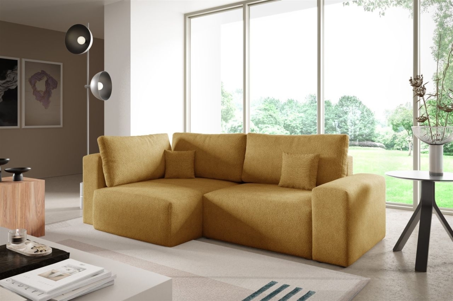 Ecksofa Schlafsofa Sofa ARONA in Stoff Centaur Honiggelb Ottomane Links Bild 1