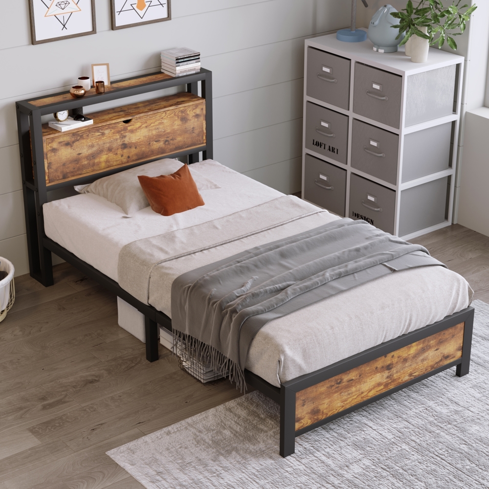 Einzelbett 90x200 cm mit Stauraum-Kopfteil,Metallgestell im Industrie-Stil,Holzoptik, 26,5 cm Bodenfreiheit,inklusive Schaummatratze Bild 1