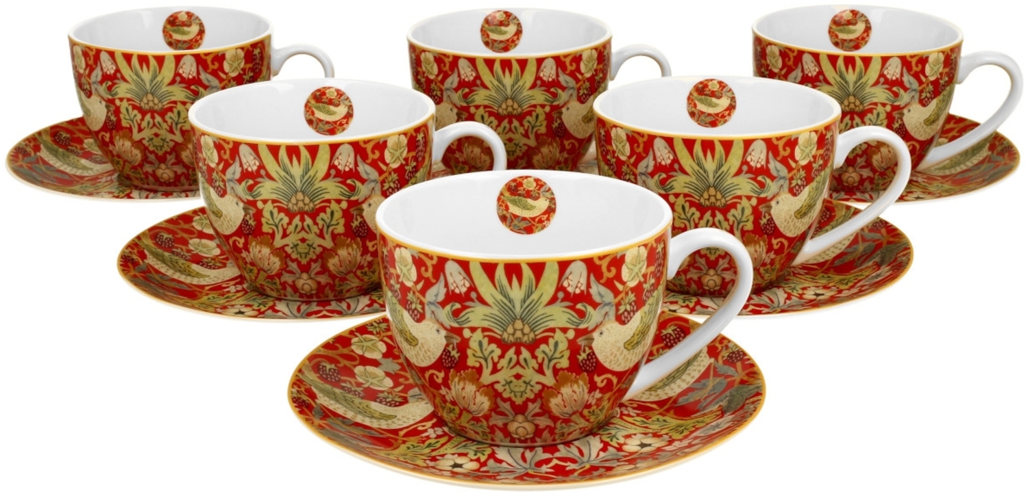 DUO ART GALLERY 6er-Set Tassen 220 ml STRAWBERRY THIEF RED mit Untertassen, New Bone China Porzellan Bild 1