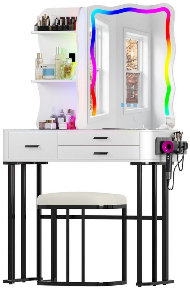 LVifur Schminktisch mit Spiegel/Beleuchtung/Hocker/3 Schubladen/3-stufigem offenem Regal, Lippenstift- und Haartrocknerständer, 7 Statisch dimmbar, USB, Weiß Bild 1