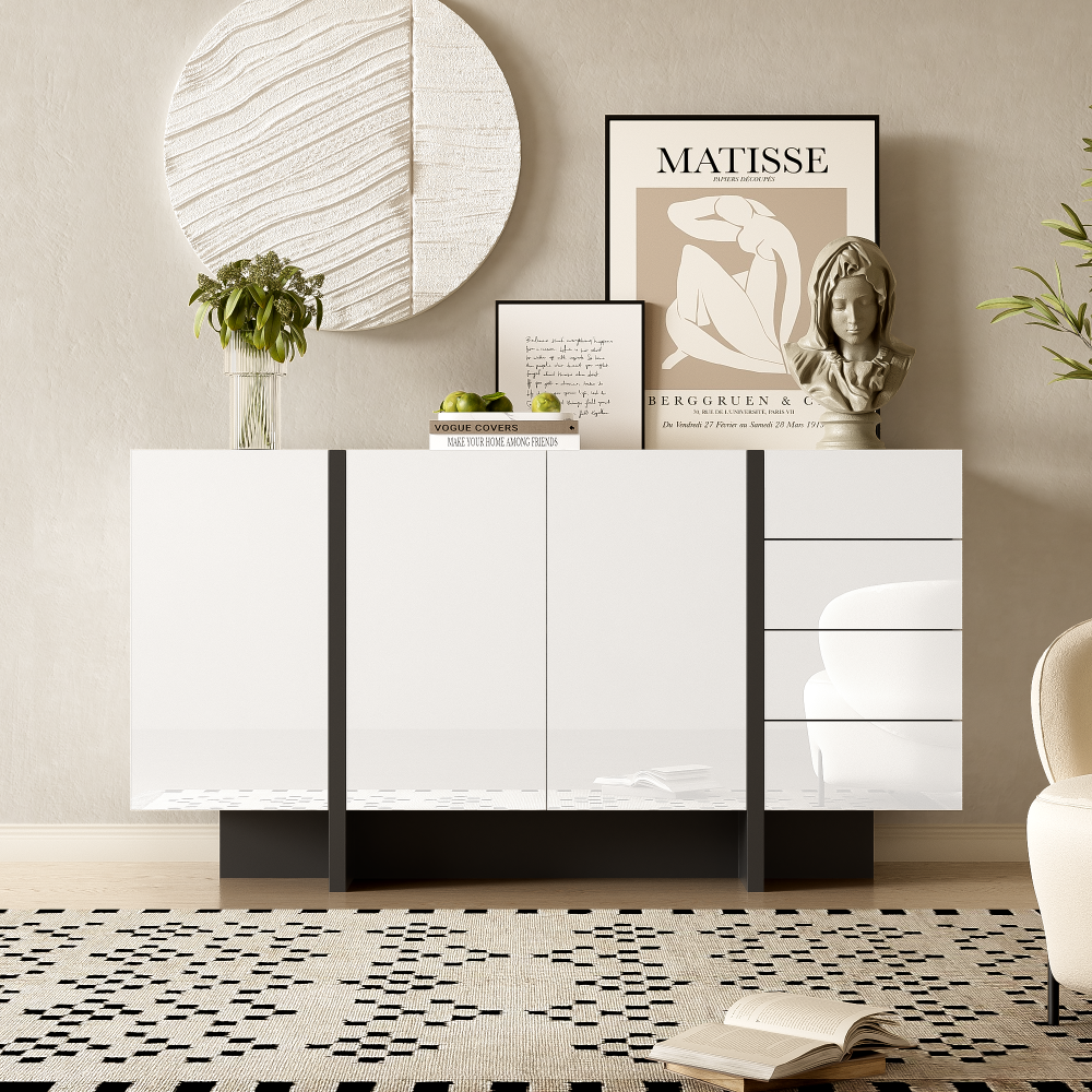 Merax Weißer Hochglanz-Sideboard, moderner und schlichter Anrichte mit 3 Türen und 4 Schubladen, leicht zu reinigen, ideal für Wohnzimmer oder Esszimmer Bild 1