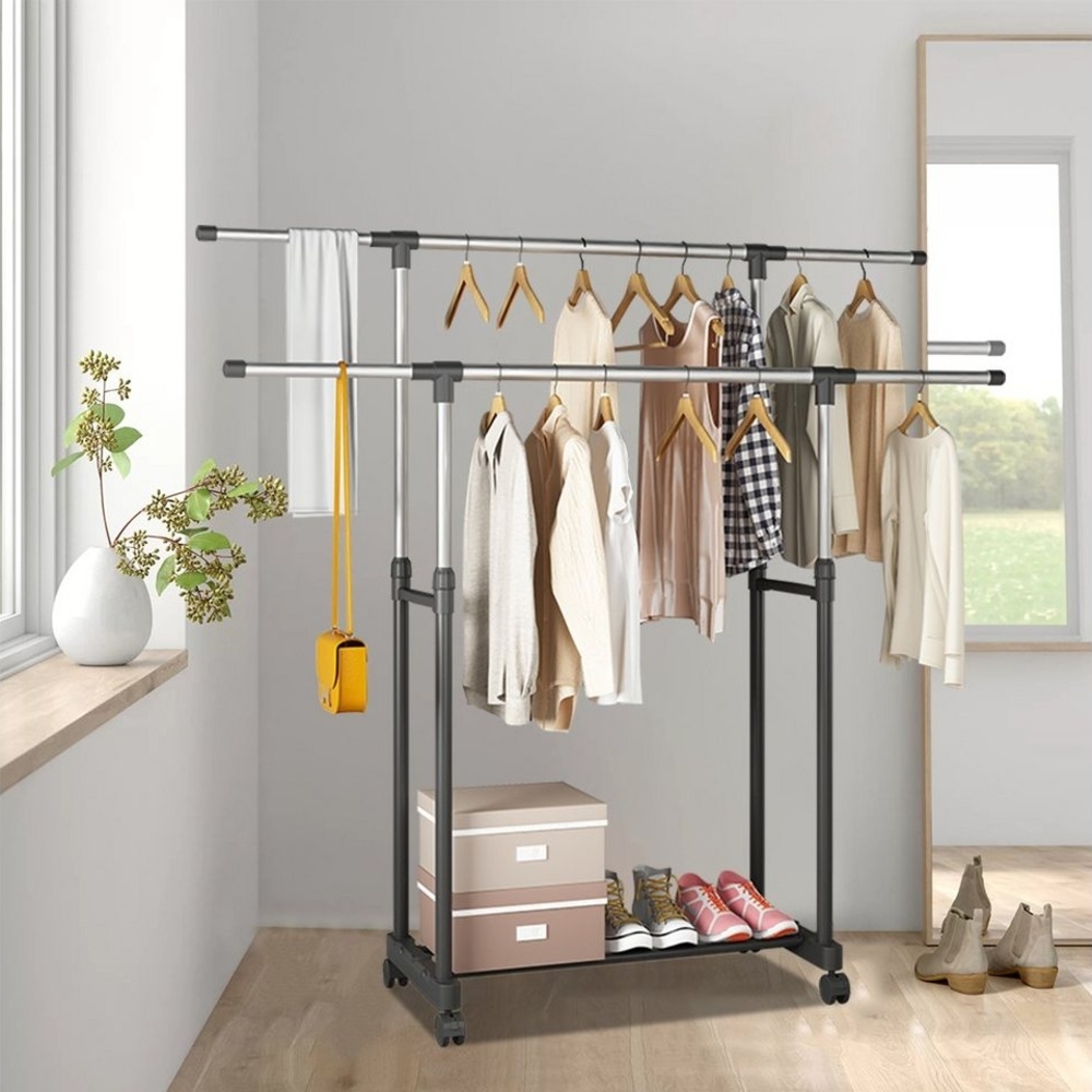 PFCTART Kleiderständer Verstellbarer Doppel-Kleiderständer auf Rollen – 2-stufig, (Mit 2 Trockenstangen – ideal für Garderobe, Waschküche & Flur), Ausziehbar, abnehmbar & abschließbar – flexibel & platzsparend Bild 1