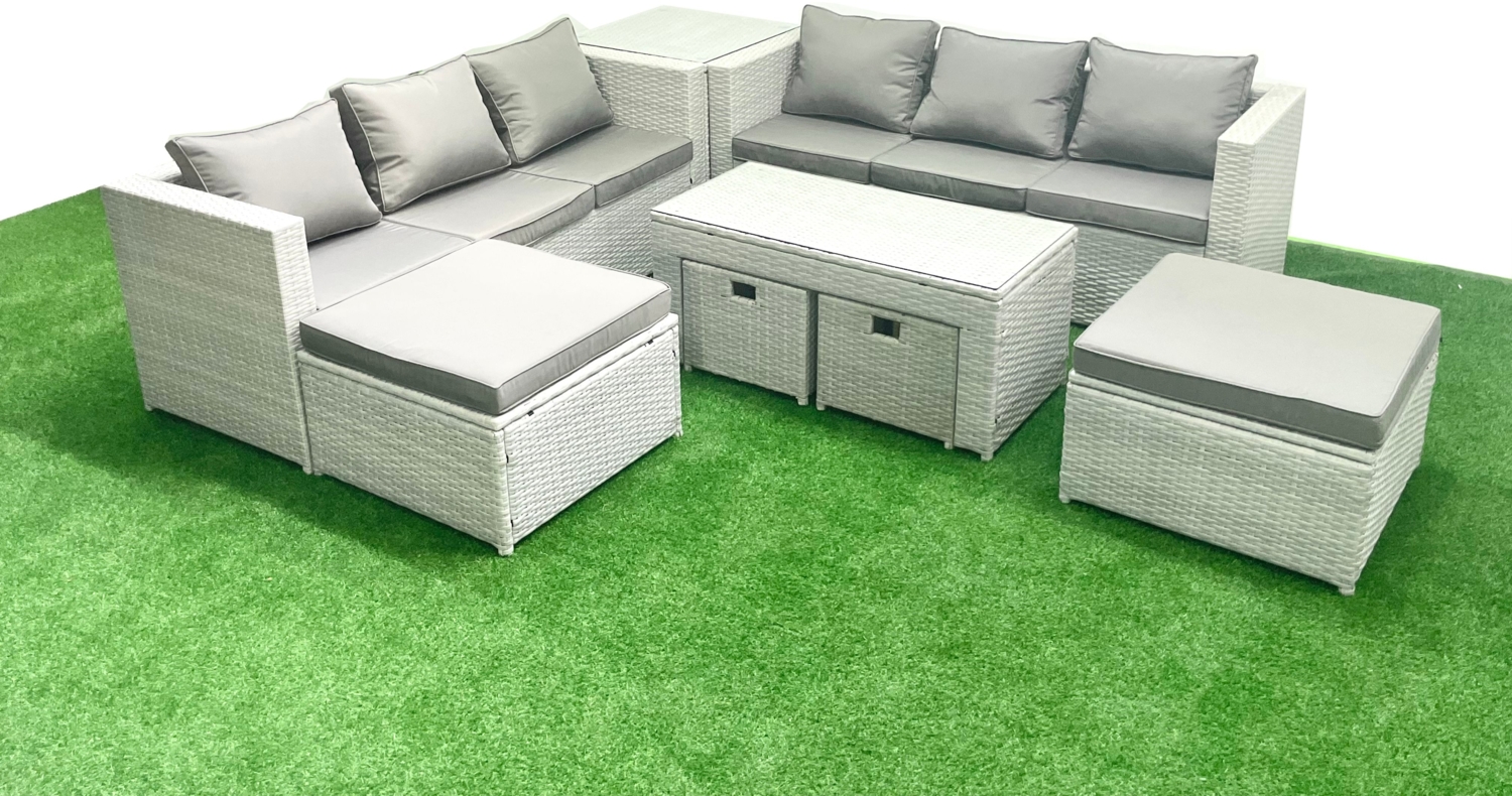 Fimous Polyrattan Gartenmöbelset mit Graue Kissen 10-Sitzer mit Couchtisch und Beistelltisch Bild 1