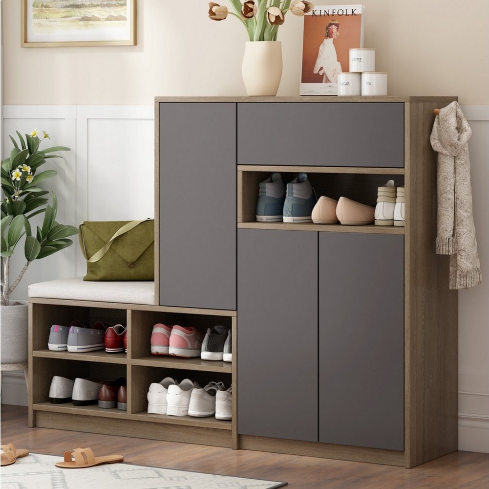 Flieks Schuhschrank (B140/T35/H110cm, 1-St, gepolsterter Sitzfläche, ca 20 Paar Schuhe) Schuhwechselhocker mit Seitenschrank Schuhbank Schuhregal Bild 1