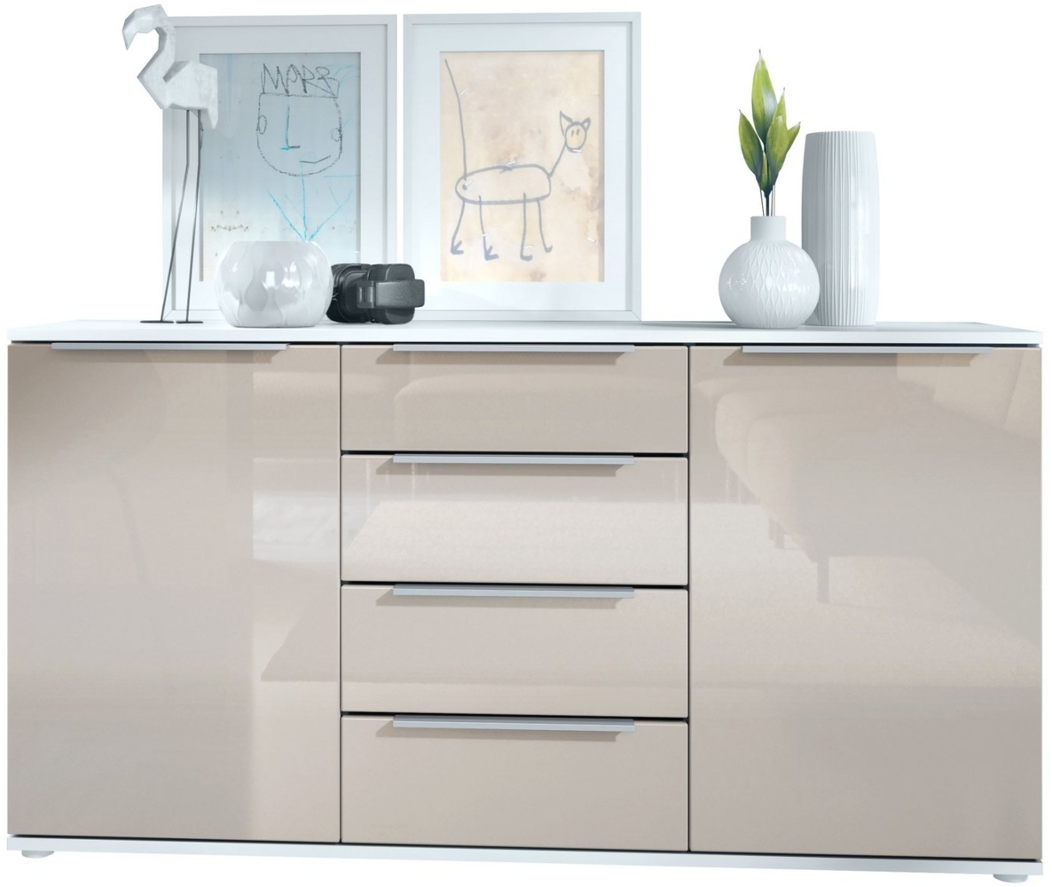 Vladon Sideboard Linio 139 x 72,5 x 35 cm Anrichte mit 2 Türen und 4 Schubladen, Korpus in Weiß matt, Fronten in Sandgrau Hochglanz Bild 1