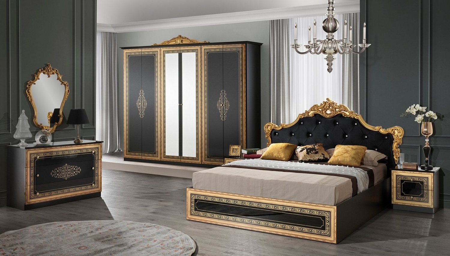 Interdesign24 Schlafzimmer-Set Giulia, (6-teilig, im ausgefallenem Barock Stil, inkl. Bett 180 x 200 cm mit Kopfteilpolsterung), in Schwarz/Gold Hochglanz Bild 1
