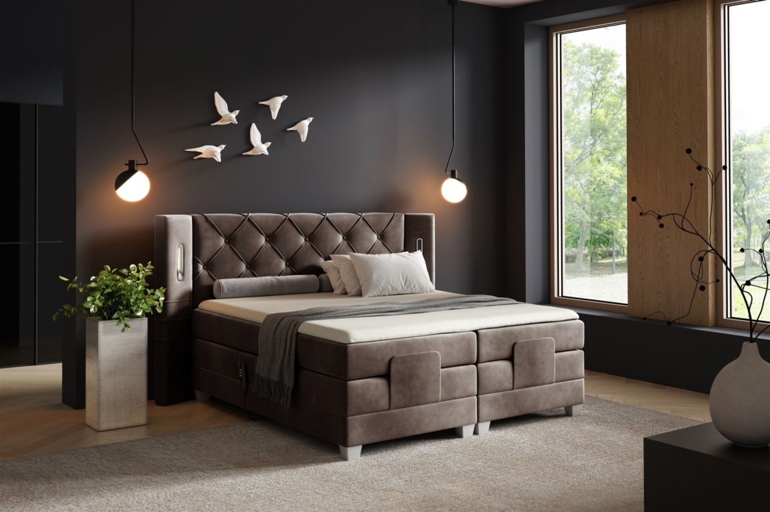 Boxspringbett Elektrisch Bett STEVE 200x200cm in Stoff Fresh Schokobraun Bild 1