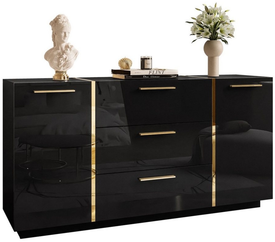 Lookway Kommode ONYX Hochglanz mit Goldgriffe, Breite: 158 cm Bild 1