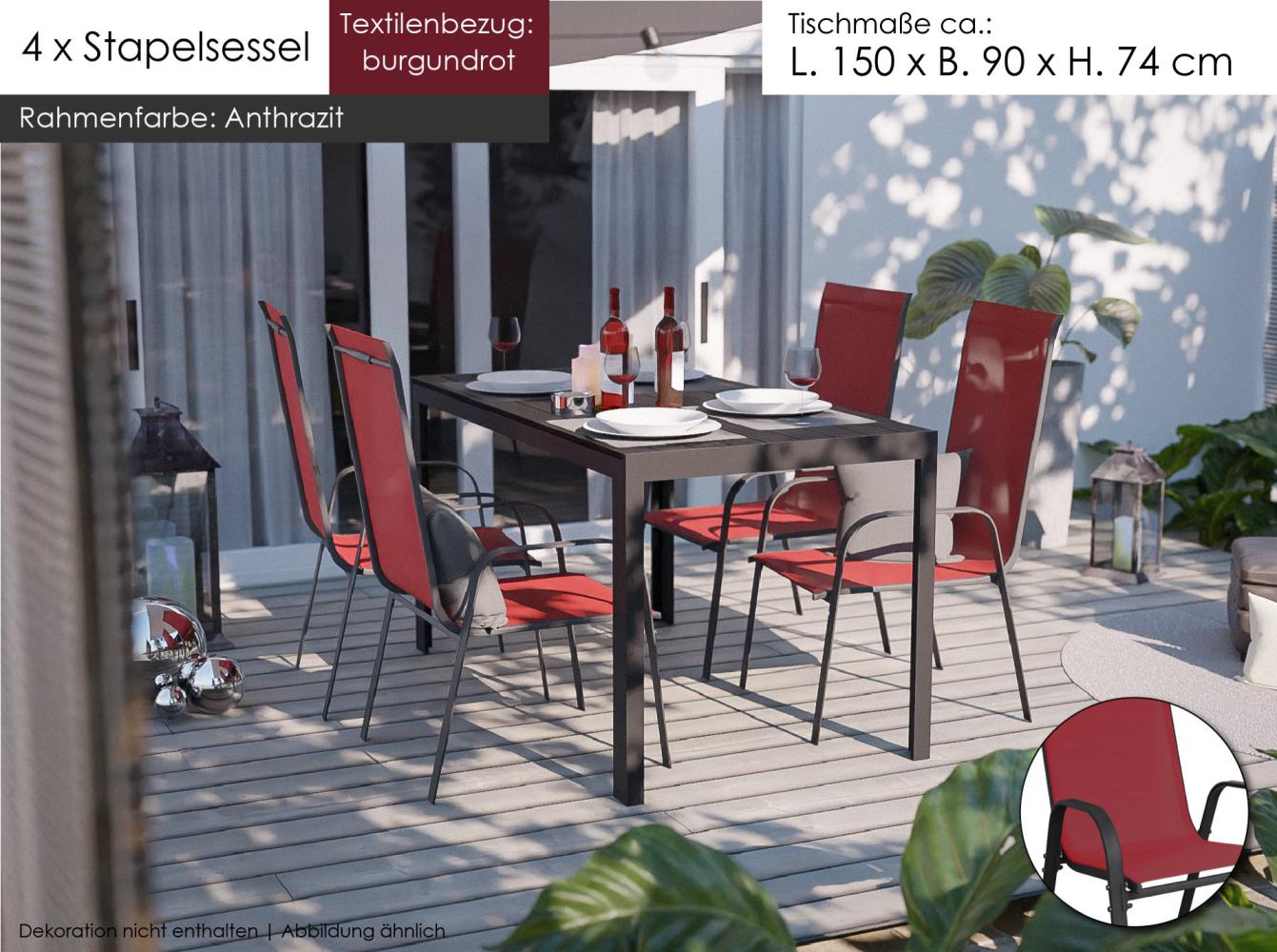 Gartenmöbel Set Essgruppe Alu Tisch 5-tlg. 4x Stapelsessel Gartenset Sitzgruppe burgundrot Bild 1