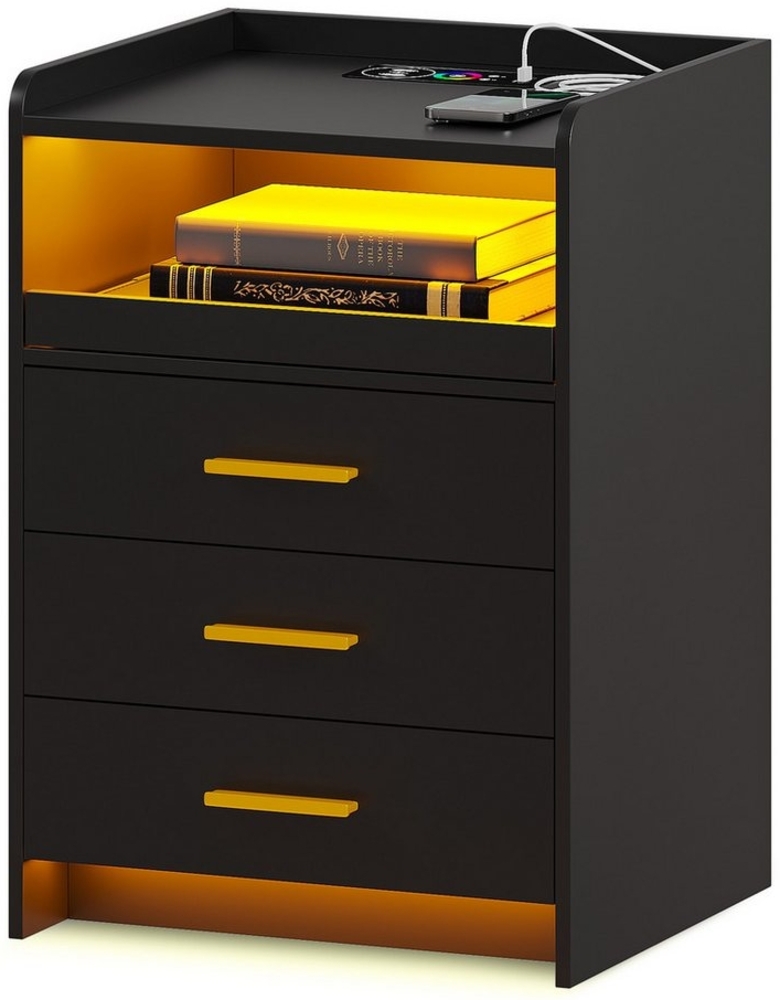 LVifur Nachttisch Smart Nachtschrank 24-farbig dimmbar, Sideboard mit 3 Schubladen (1-St), USB & Type-C, automatischer Sensor, 45Tx40Bx64H cm, Schwarz Bild 1