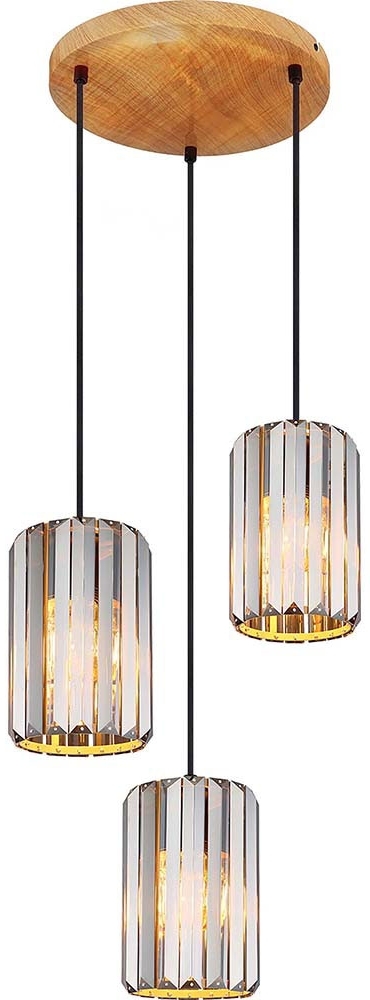 Hängeleuchte, 3-Flammig, Holzoptik, Kristall rauch, H 120 cm Bild 1