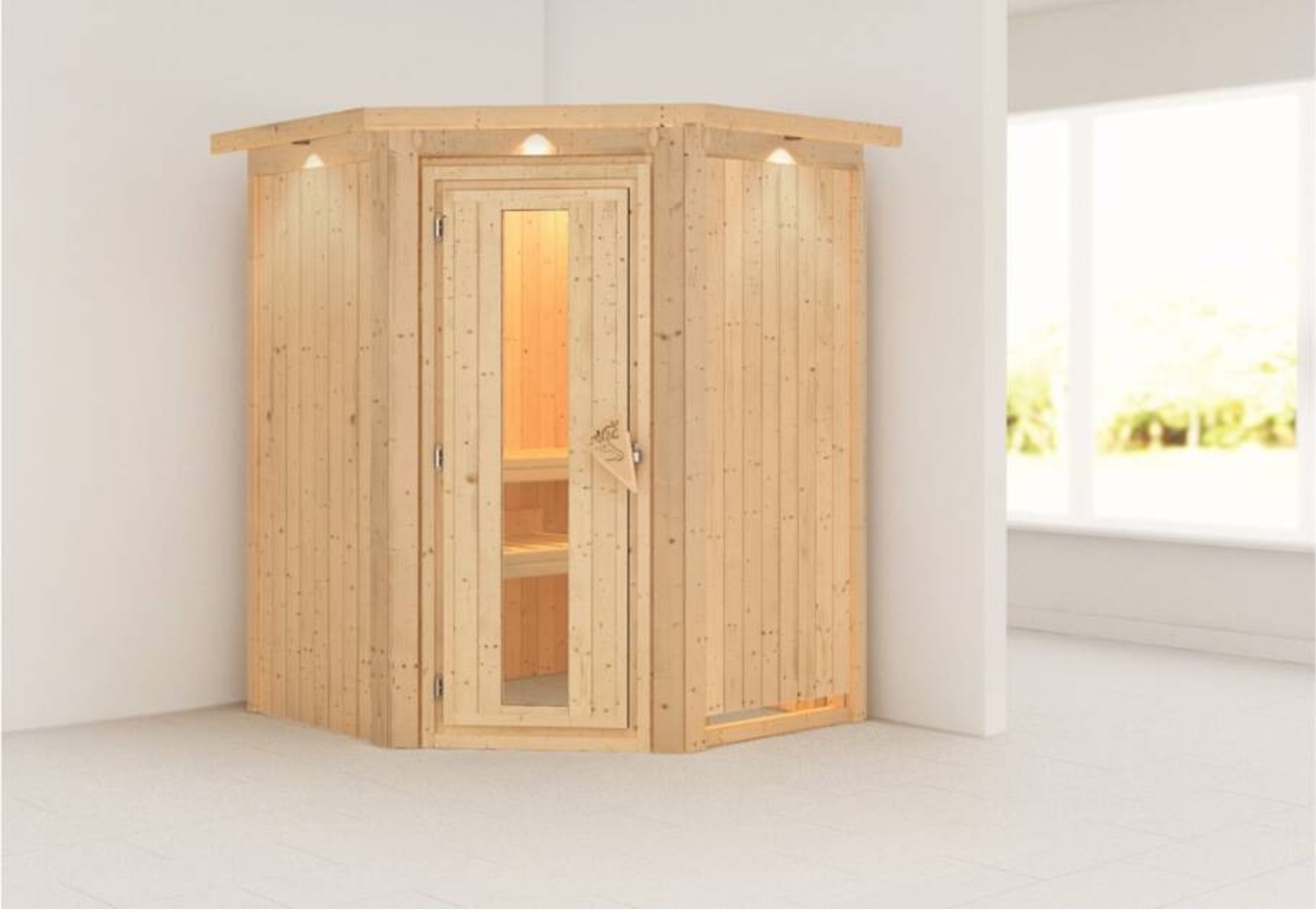 Karibu Sauna Nanja mit Dachkranz ohne Ofen Klarglas Ganzglastür Bild 1