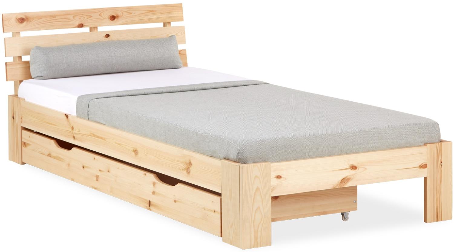 Einzelbett mit Bettkasten 90x200 Holzbett Futonbett Natur Kiefer Bett Bettgestell Massivholz Bild 1