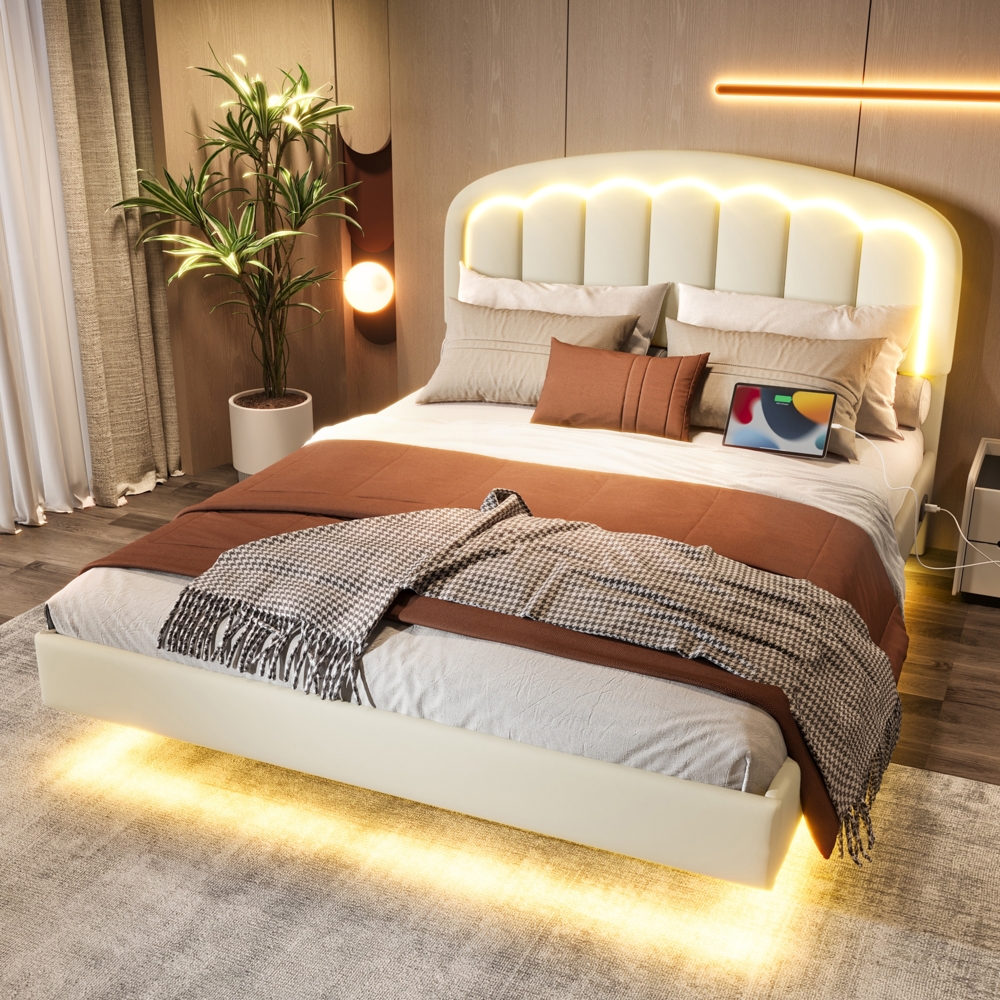 LVHOM Polsterbett 140x200cm Blumenblatt-Kopfteil, PU-Leder Bettgestell, LED-Licht – Schwebendes Design, Seitlicher USB-Ladeanschluss, Praktischer Stauraum, Robustes Metallgestell Bild 1