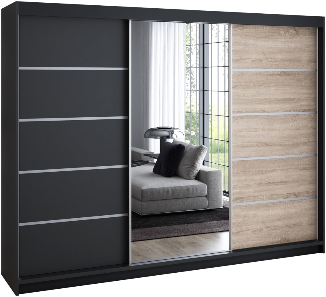 Schwebetrenschrank, 3-trig Schrank 200 cm mit 4 Schubladen, und Spiegel Kleiderschrank VILANO 1. Farbe: Schwarz, sonoma Bild 1