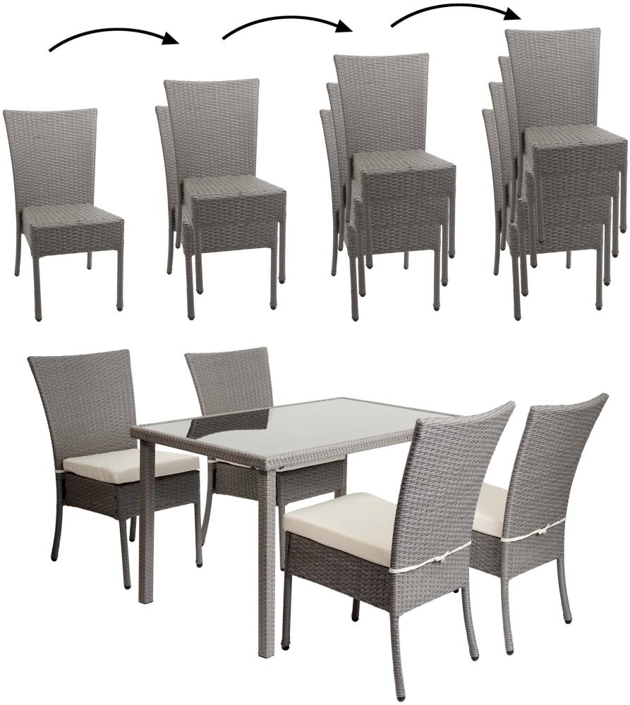 Poly-Rattan Garnitur HWC-G19, Sitzgruppe Balkon-/Lounge-Set, 4xStuhl+Tisch, 120x75cm ~ grau, Kissen creme Bild 1