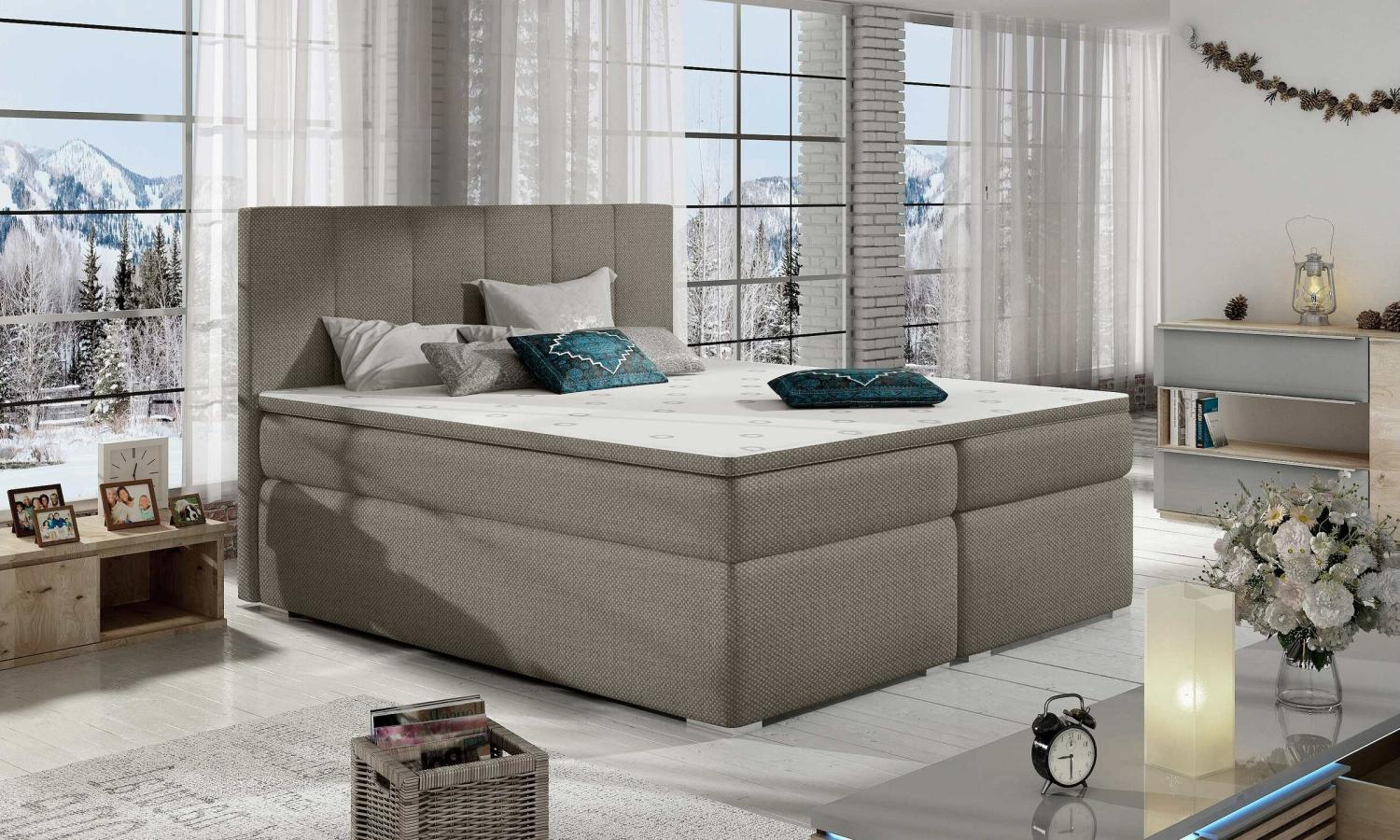 Stylefy Jupiter Boxspringbett Dunkelbeige Strukturstoff INARI 140x200 cm Bild 1