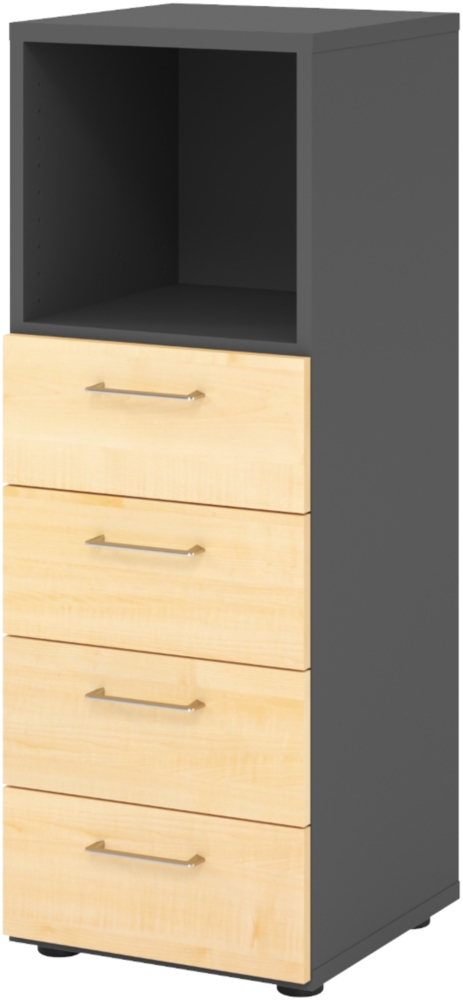 bümö smart Schubladenschrank, Büroschrank in Graphit/Ahorn mit 4 Schüben & 1 Regalfach - Bürocontainer aus Holz, Container mit Metallgriffen & Soft-Stop Schubladen, 934S4-G-3-BS Bild 1