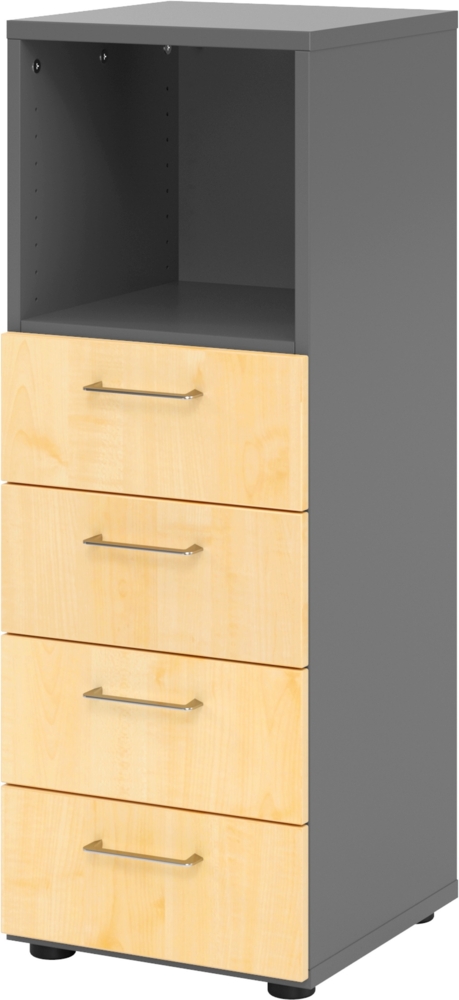 bümö smart Schubladenschrank, Büroschrank in Graphit/Ahorn mit 4 Schüben & 1 Regalfach - Bürocontainer aus Holz, Container mit Metallgriffen & Soft-Stop Schubladen, 934S4-G-3-BS Bild 1