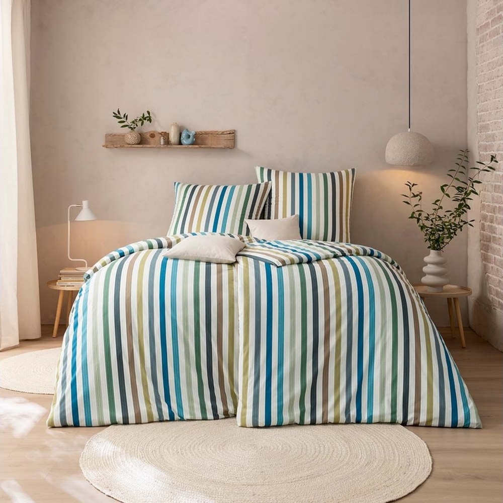 Estella Mako-Interlock-Jersey Bettwäsche Atelier Tavaro 155x220 + 1 x Kissen 80 x 80 Streifen grün Bild 1