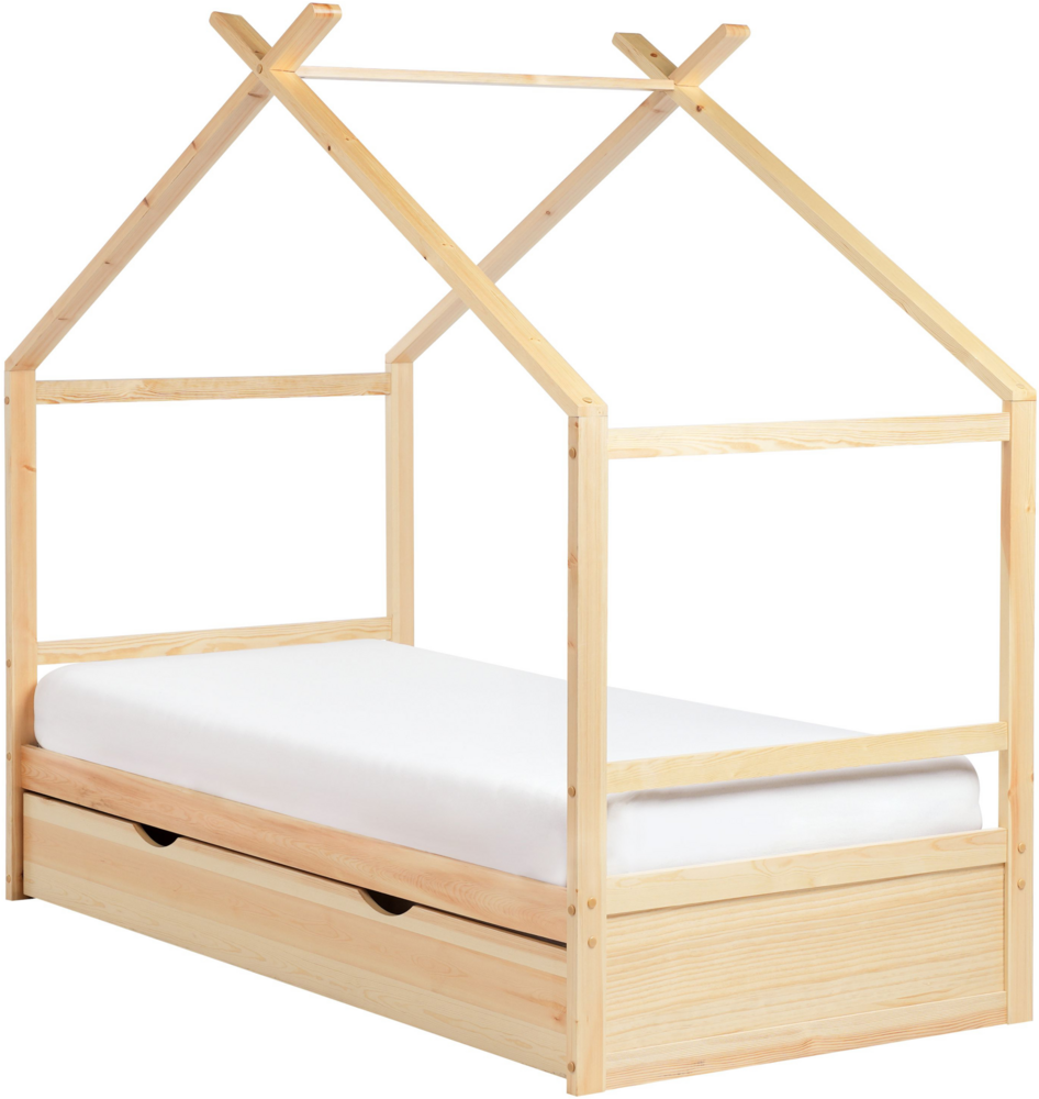 Kinder-Hausbett mit Stauraum Kiefernholz hellbraun Lattenrost 90 x 200 cm ORGEVAL Bild 1