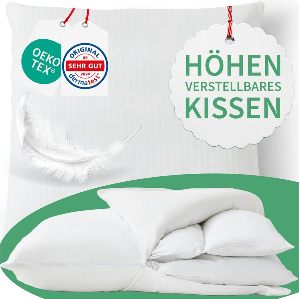Welldora Kopfkissen Höhenverstellbar, Ergonomische Innovation: Anpassbar fest bis weich, Füllung: 100% Daunenfasern & Federn, Kissen fachärztlich geprüft, Oeko-Tex Zertifiziert in Deutschland Bild 1