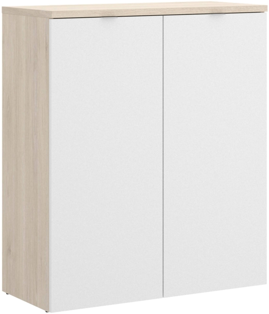 Dmora 2-türiger Mehrzweckschrank Alicha, multifunktionaler niedriger Schrank, Schuhschrank, 79 x 40 x 96 cm, Weiß und Eiche Bild 1