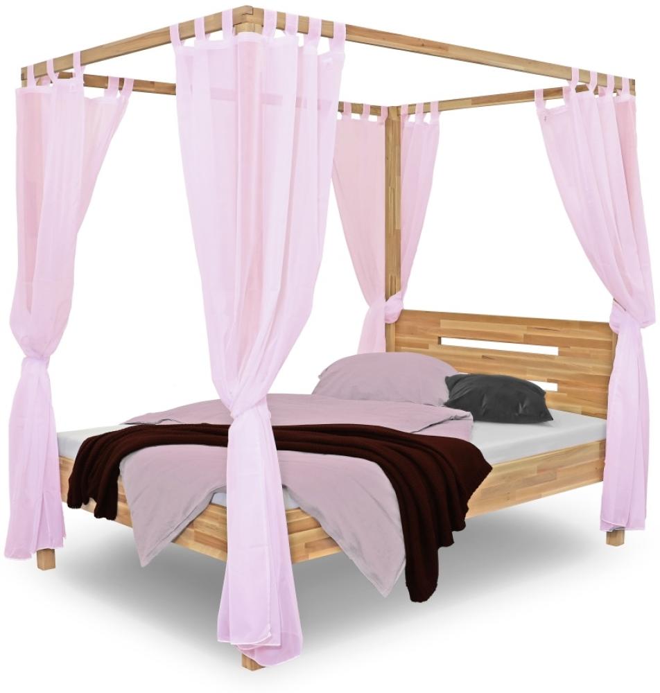 Bubema Jasmin – Himmelbett in Buche massiv, Farbton natur geölt oder weiß lasiert : 140x200 cm : Natur geölt, Vorhänge: Rosa Bild 1