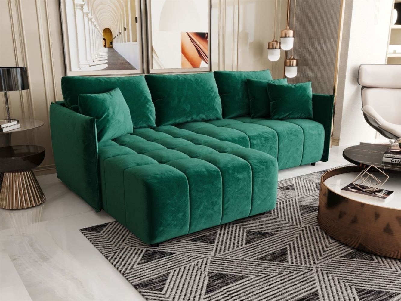 Ecksofa Schlafsofa TREVISO Stoff Monolith Grün Ottomane Links Bild 1