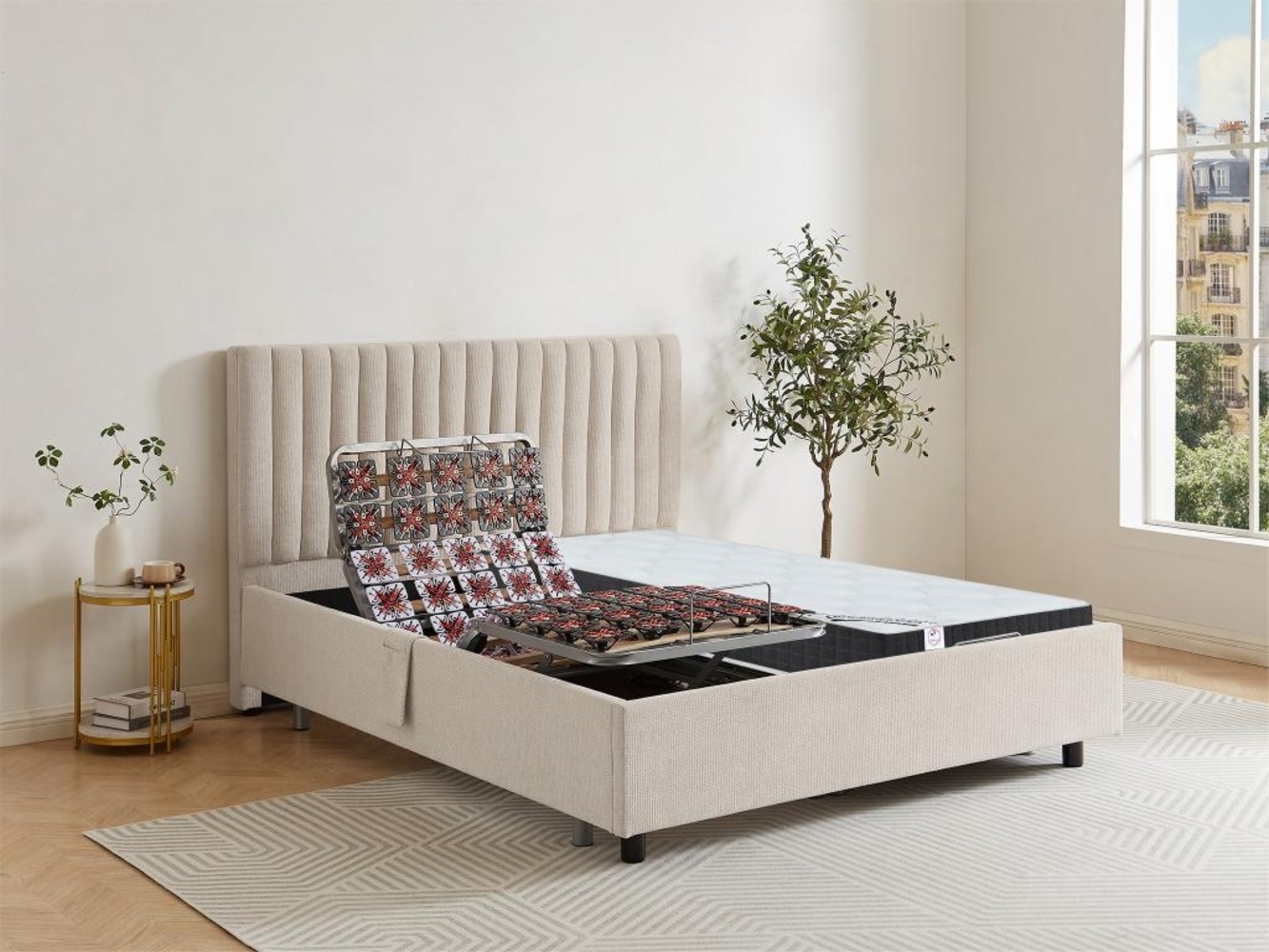 Dekoratives Bett mit elektrischer Relaxfunktion mit Tellern + Taschenfederkern- & Memory-Schaum-Matratze - 2 x 80 x 200 cm - Stoff - Beige - ANTALISA von DREAMEA Bild 1