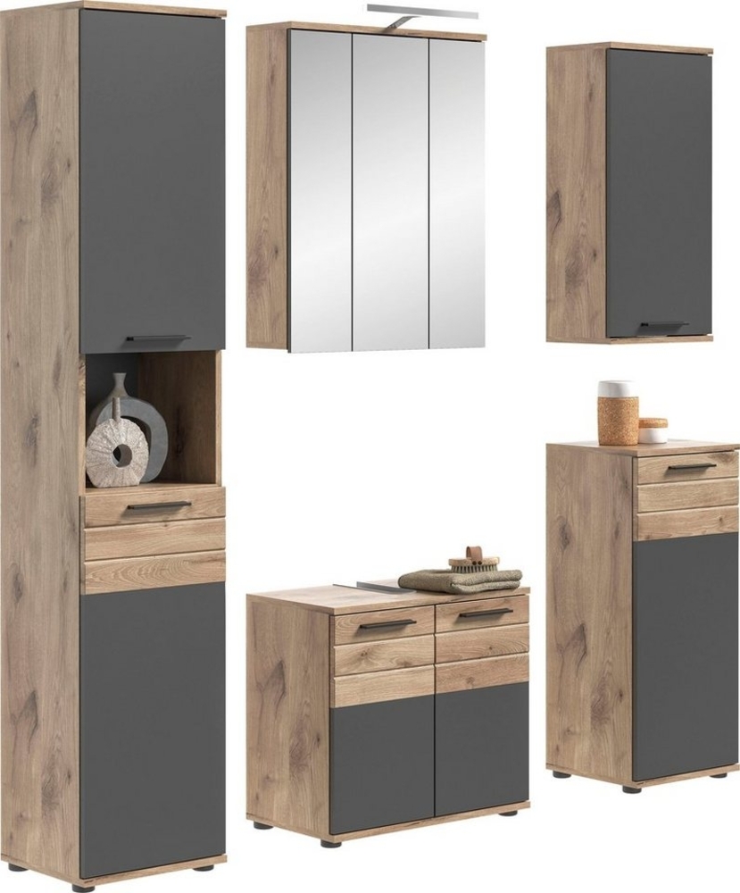 INOSIGN Badmöbel-Set Riga, 5 teilig, inklusive LED Beleuchtung, bestehend aus:, (Set, 5-St), Hochschrank, WBU, Spiegelschrank, Unterschrank, Hängeschrank Bild 1