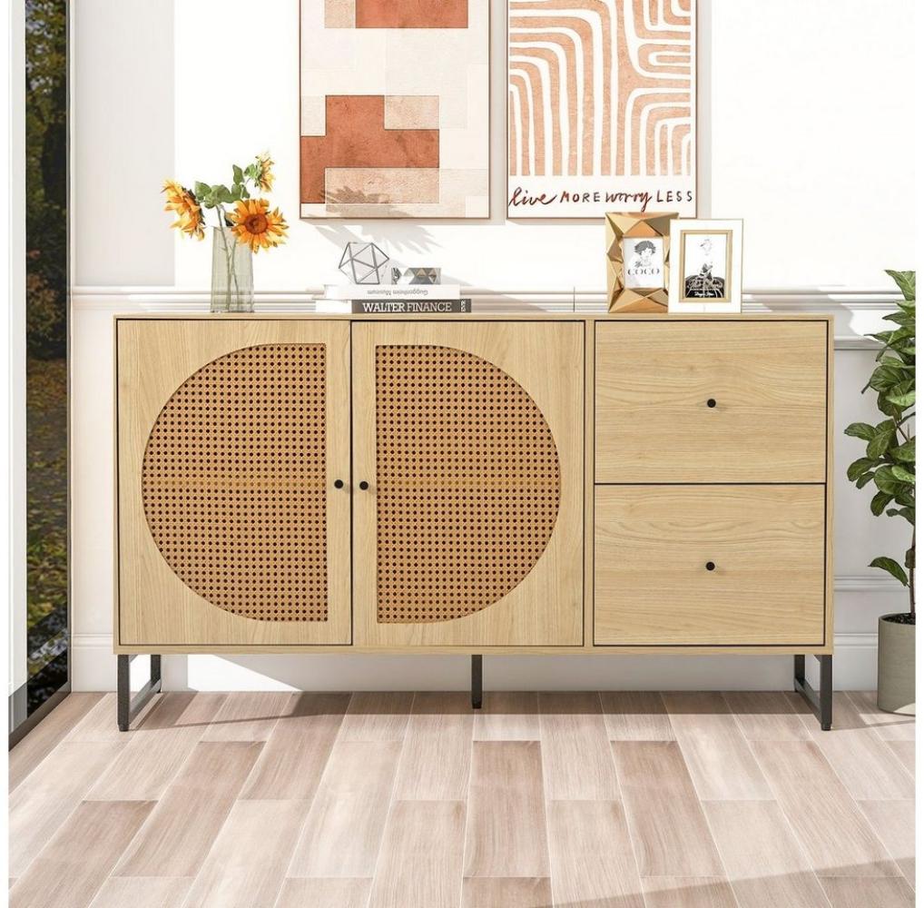 Merax Sideboard mit 2 Fächern und 2 Schubladen, Kommode mit Metallsockel und Rattantüren, Anrichte, B:130cm Bild 1