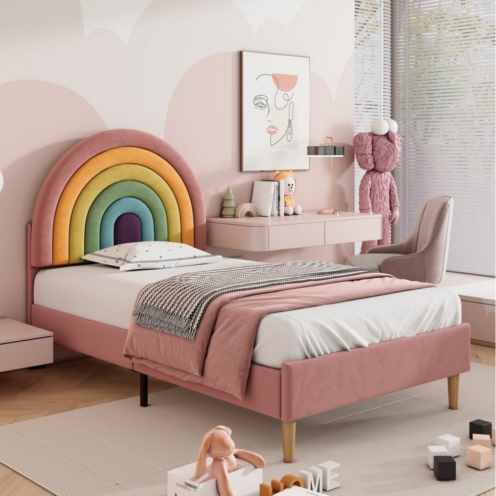 Flieks Polsterbett, Kinderbett mit verstellbarem Regenbogen-Kopfteil 90x200cm Samt Bild 1