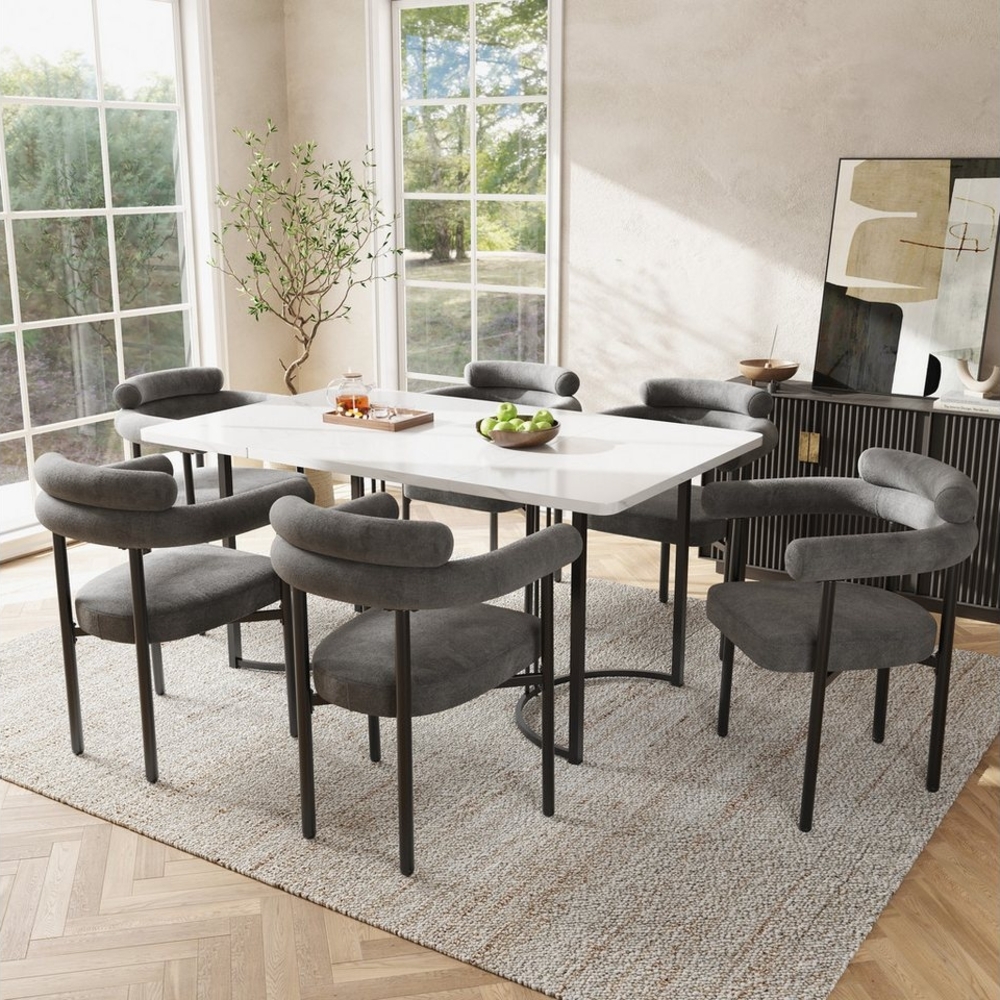 Tongtong Essgruppe moderner Küchentisch Set, MDF Tischplatte, Samt Stuhl mit Eisenbeinen, (geeignet für Esszimmer und Wohnzimmer, 7-tlg), 140x80cm Esstisch mit 6 Stühlen Set, Grau Bild 1