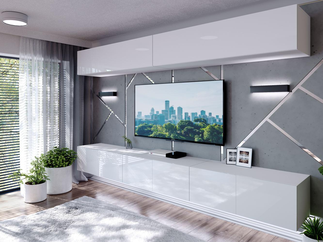 Domando Wohnwand Imperia M2 Modern für Wohnzimmer Breite 300cm, variabel hängbar, Push-to-open-System, LED Beleuchtung in weiß, Hochglanz in Weiß Matt und Weiß Hochglanz Bild 1