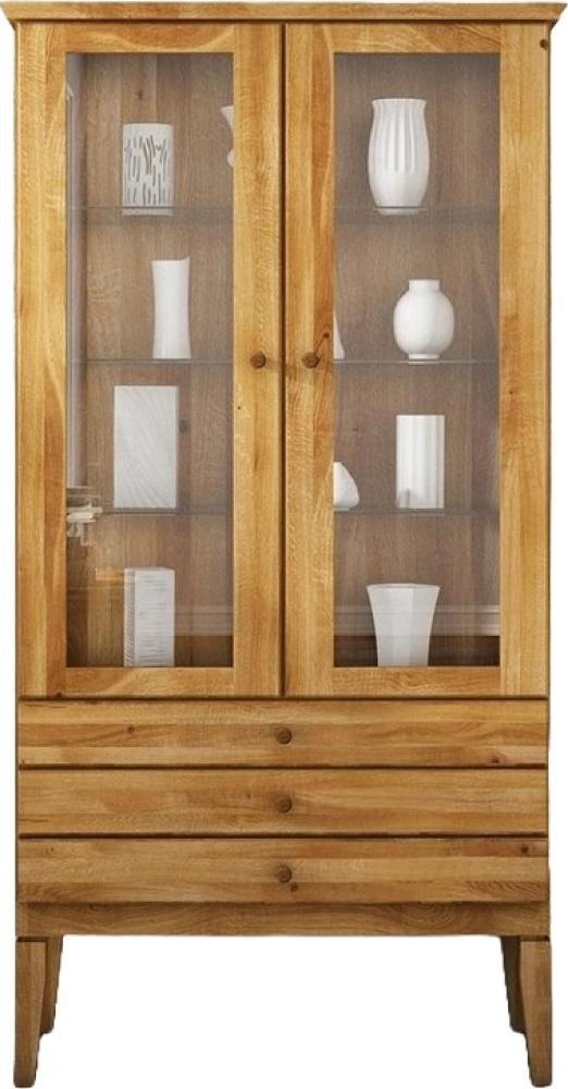 Vitrine Sydo aus Wildeiche massiv 94x45x180 Holzbeine 2 Türen 3 Schubladen Glas Bild 1