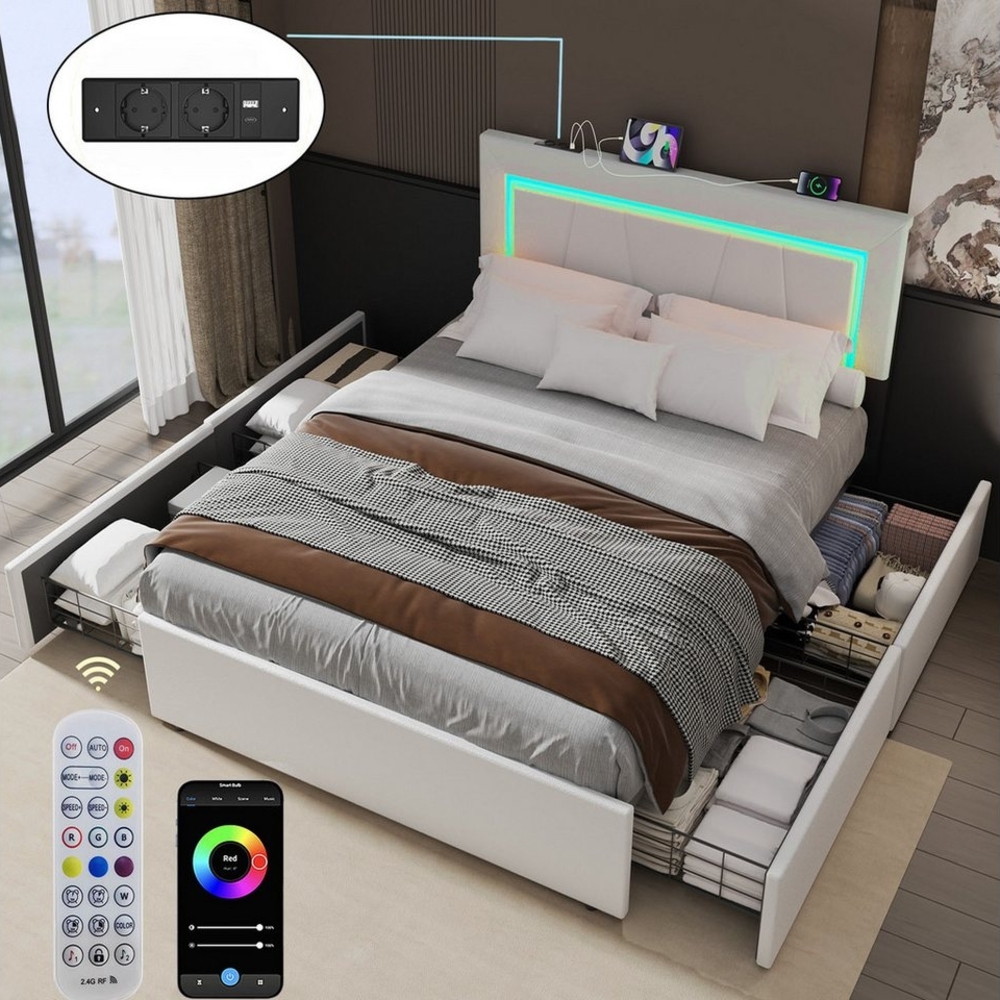 oyajia Polsterbett LED Doppelbett 140x200 cm mit 4 Schubkästen und Kopfteil, Ladefunktion (LED-Polsterbett mit USB, PU-Leder Material Polsterbett mit Metall Bettgestell, Stauraumbett), Modernes Jugendbett, Leises Design Bett, 4 Ausziehbare Schubladen Bild 1