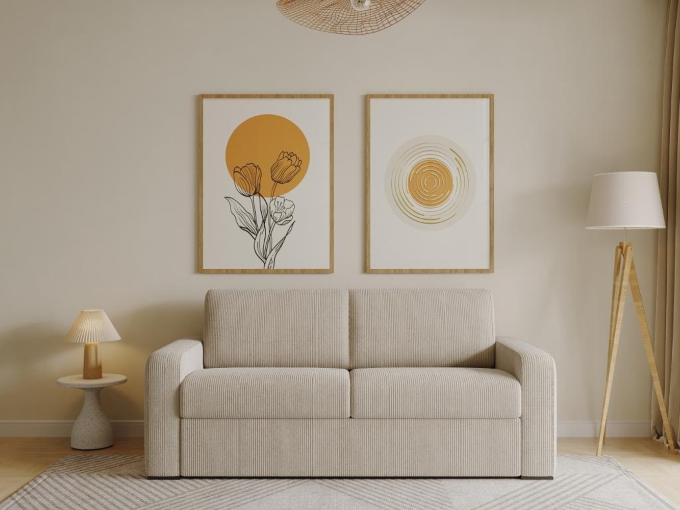 Vente-unique - Schlafsofa mit Matratze 3-Sitzer - Liegefläche mit Lattenrost mit breiten Latten 140 cm - Matratze 22 cm - Cord - Beige - BEVIS Bild 1