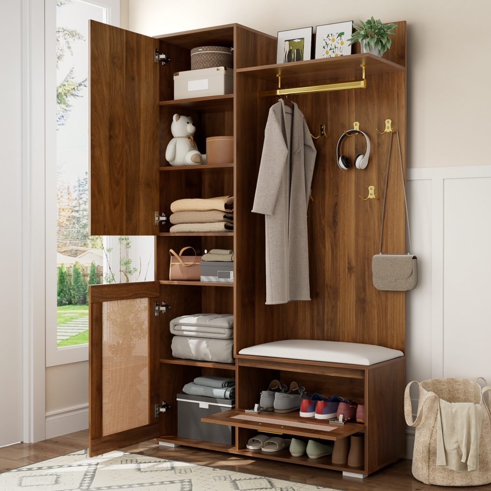 Garderobenschrank Set mit Spiegel, LED 16 Farben, Rattan-Optik Türen, Walnuss Design, Flurmöbel mit Sitzbank und Stauraum Bild 1