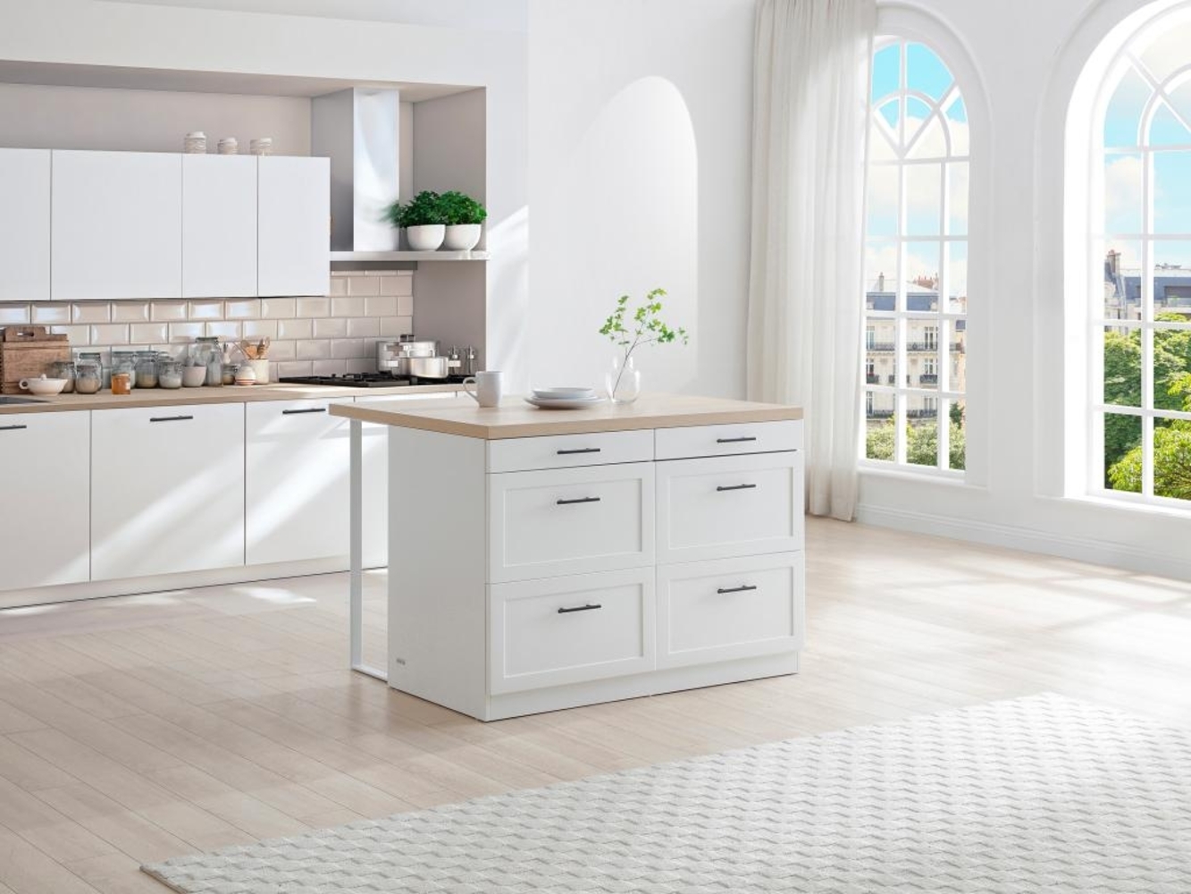 Vente-unique - Kücheninsel mit 6 Schubladen - MDF & Metall - Weiß & Holzfarben - LAKSINA Bild 1