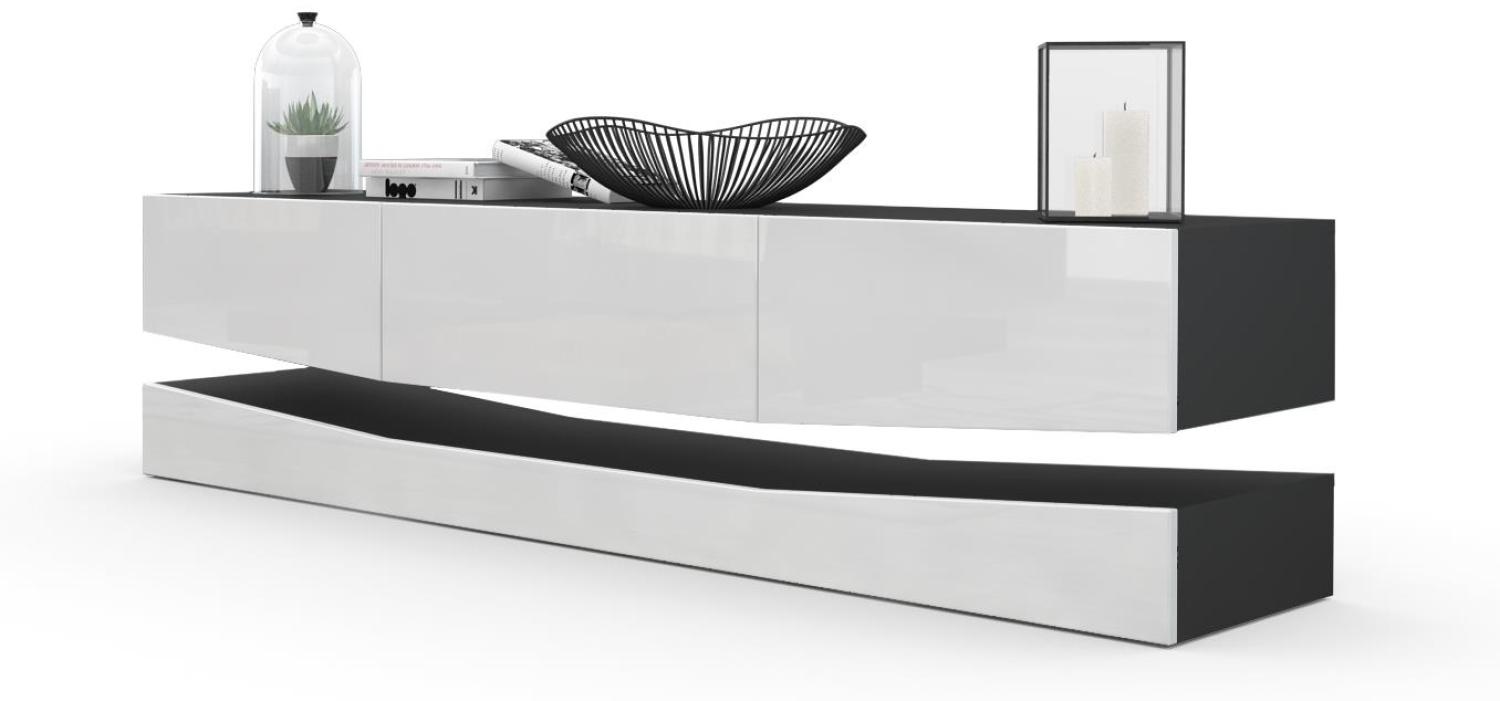 Vladon Lowboard City, TV-Kommode mit Sockelelement, 1 offenem Fach und 3 Schubkästen, Schwarz matt/Weiß Hochglanz (178 x variabel x 39 cm) Bild 1