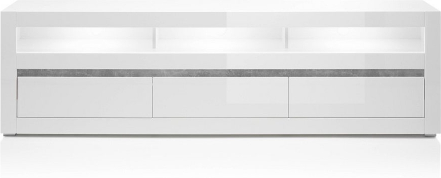 Lomadox Lowboard COGO-61, weiß Hochglanz inkl. LED und Griffmulden in Betonoptik 217x63x42cm Bild 1