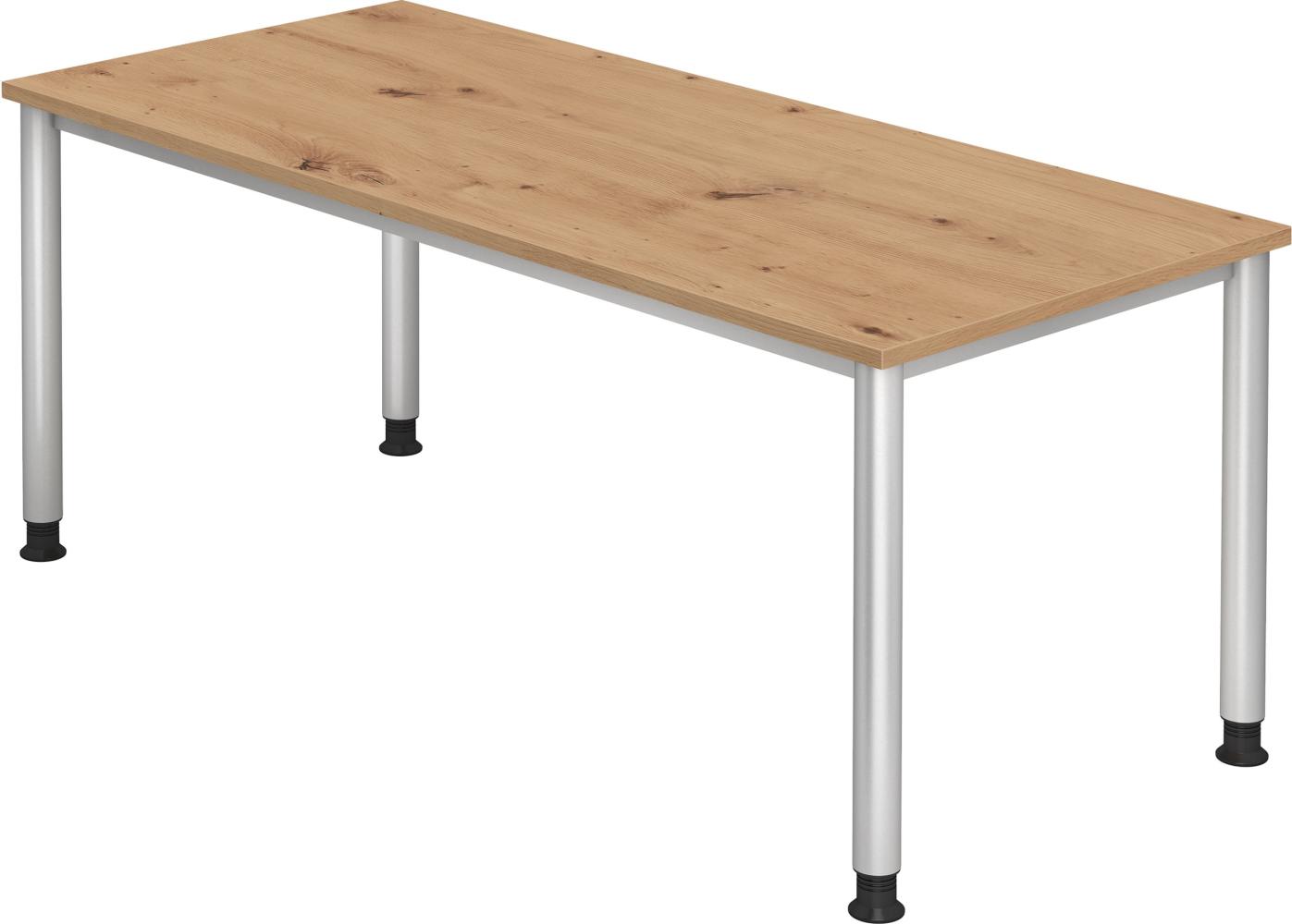 bümö höhenverstellbarer Schreibtisch H-Serie 180x80 cm in Asteiche, Gestell in Silber - großer PC Tisch für's Büro manuell höhenverstellbar, Computertisch verstellbar, HS-19-R Bild 1