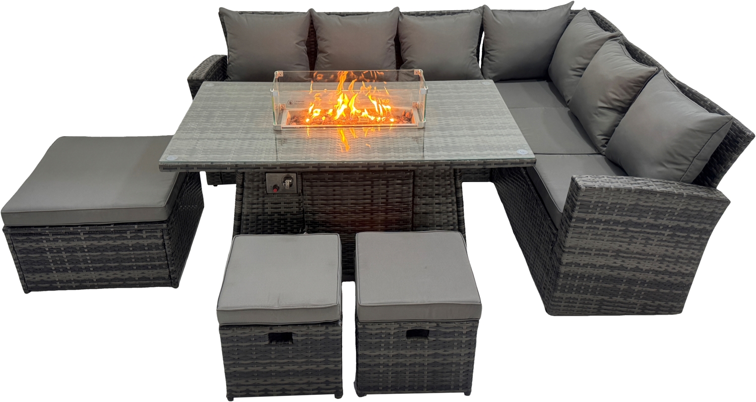 Fimous 9-Sitzer Outdoor High Back Rattan Gas Feuergrube Ecke Sofa Set Gartenmöbel Heizung Esstisch Set Fußhocker Dunkelgrau Gemischte rechte Hand Bild 1