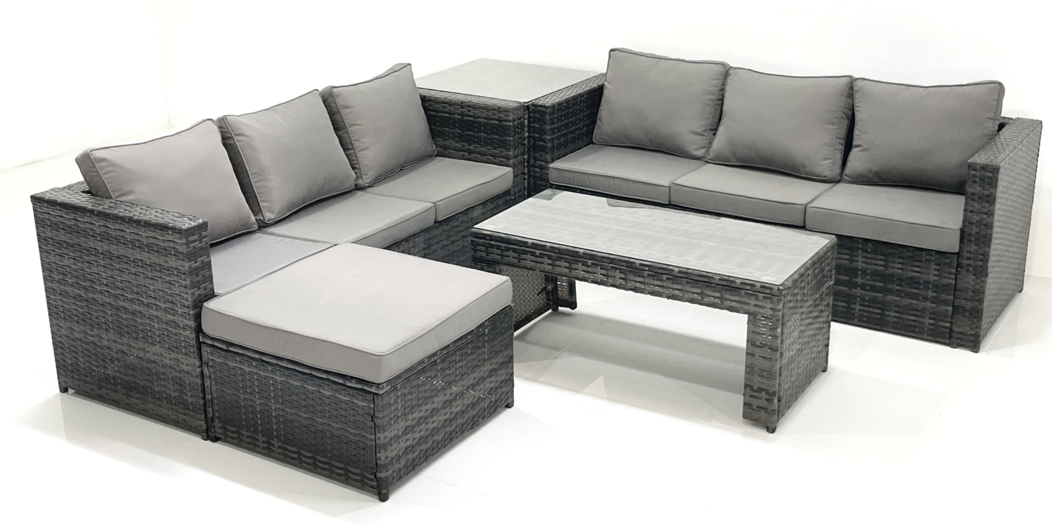 Fimous Garten Rattanmöbel Set mit Sofa Couchtisch 2 Großer Hockern Beistelltisch Dunkelgrau Gemischt Bild 1