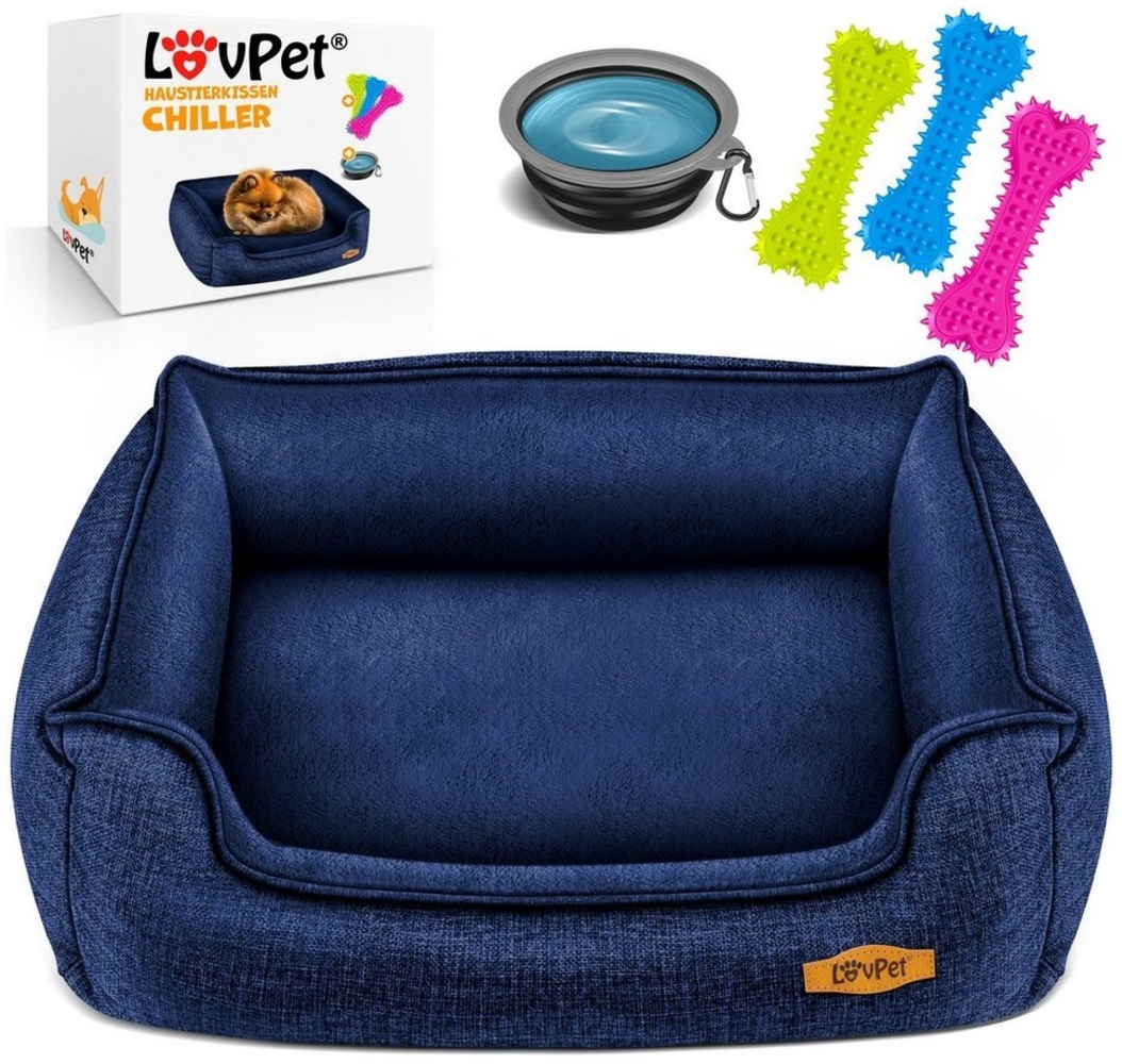 LovPet® Hundebett Hundekissen Hundekorb Chiller, Inkl. Napf + 3X Kauknochen, Hundesofa Kissen für Kleine, Mittelgroße & Große Hunde, Bezug abnehmbar und waschbar Navyblau, L (90 x 75 x 25 cm) Bild 1